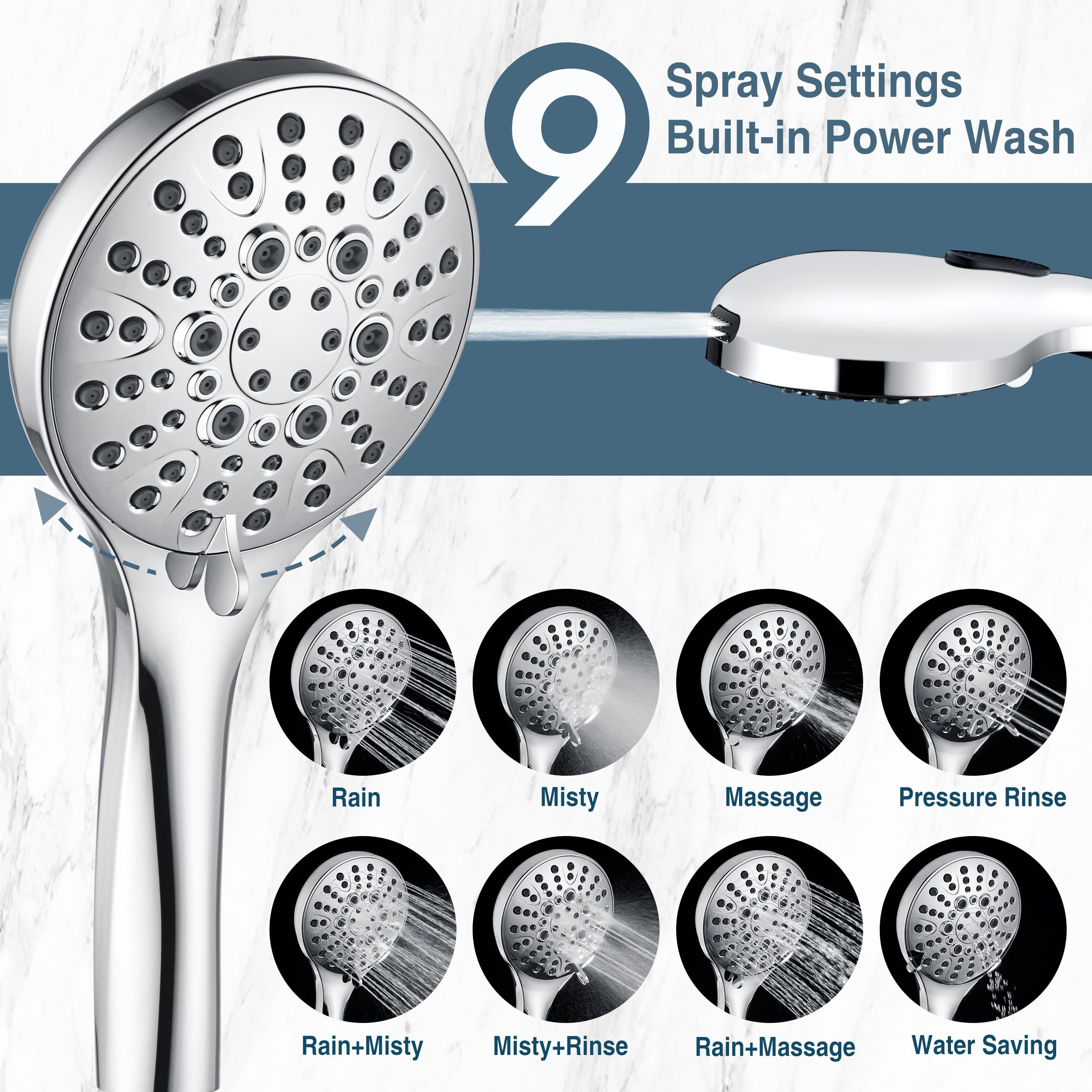 BRIGHT SHOWERS High Pressure Shower Head with Handheld, 9 Spray Settings Showerhead Built in Power Wash to Clean Tub and Pets, Extra Long 69" Hose, Adjustable Bracket, Chrome