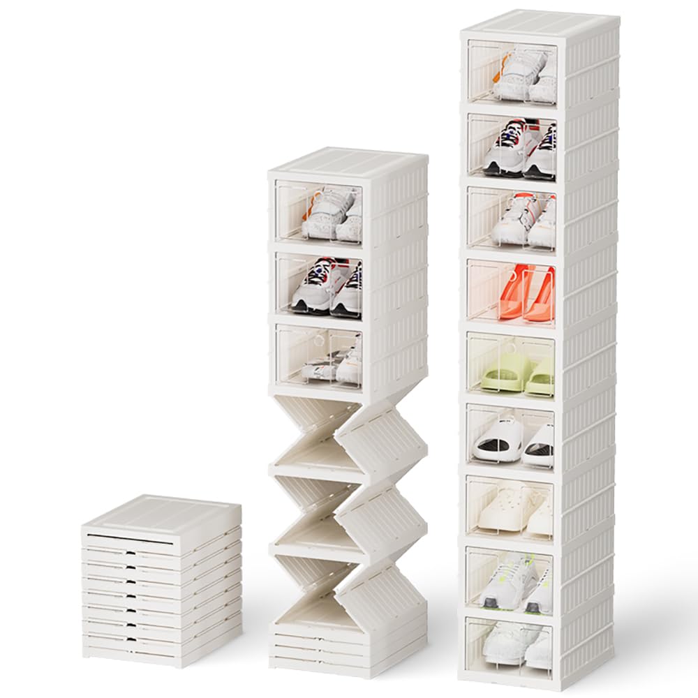 DY GMD Foldable Shoe Rack, Collapsible Plastic Shoe Organizer with Doors Sturdy Easy to Assemble for Closet,Shoe Storage Boxes -9 Tier（White Doors）