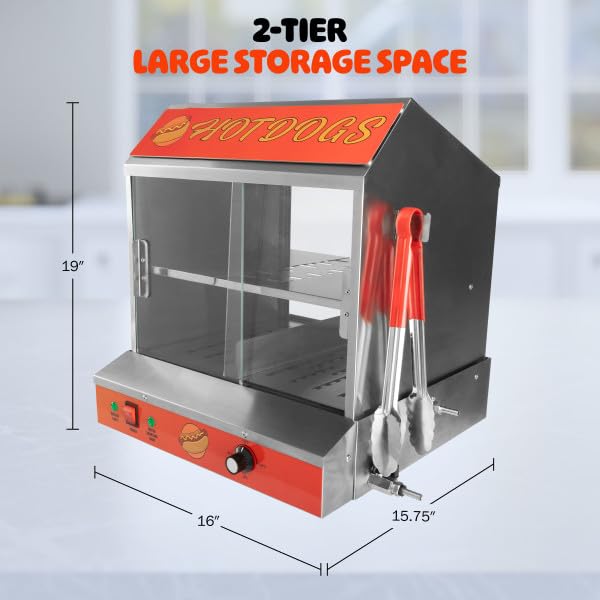 Hot Dog Machine - 34.5L Hot Dog Steamer with Bun Warmer - 1200W Hotdog Maker Holds 175 Hot Dogs and 40 Buns - Hot Dog Cooker by Great Northern Popcorn