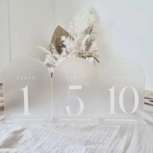 JINMURY Frosted Arch Table Numbers 1-5 with Stands, 5 Pack 5"x7" Frosted Arch Acrylic Table Numbers and Base, Perfect for Wedding Party Event