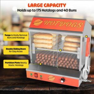 Hot Dog Machine - 34.5L Hot Dog Steamer with Bun Warmer - 1200W Hotdog Maker Holds 175 Hot Dogs and 40 Buns - Hot Dog Cooker by Great Northern Popcorn