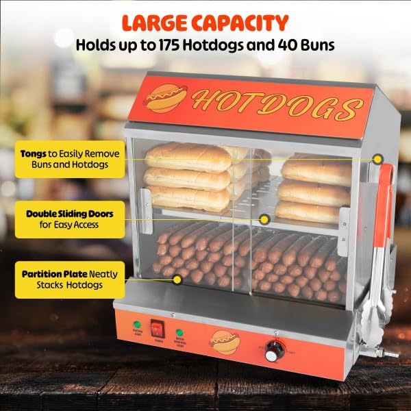 Hot Dog Machine - 34.5L Hot Dog Steamer with Bun Warmer - 1200W Hotdog Maker Holds 175 Hot Dogs and 40 Buns - Hot Dog Cooker by Great Northern Popcorn