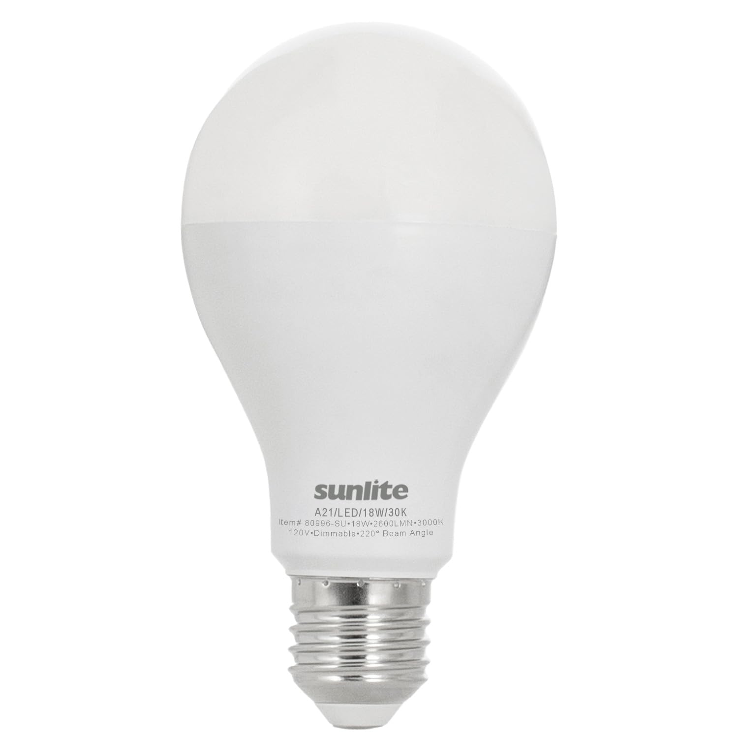 Sunlite LED A21 Light Bulb, 18 Watts (150W Equivalent), 2600 Lumens, 120V, Dimmable, Medium E26 Base, 220 Degree Beam Angle, UL Listed, RoHS Compliant, 3000K Warm White, 1 Pack