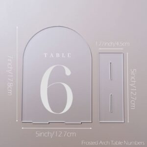 JINMURY Frosted Arch Table Numbers 1-5 with Stands, 5 Pack 5"x7" Frosted Arch Acrylic Table Numbers and Base, Perfect for Wedding Party Event