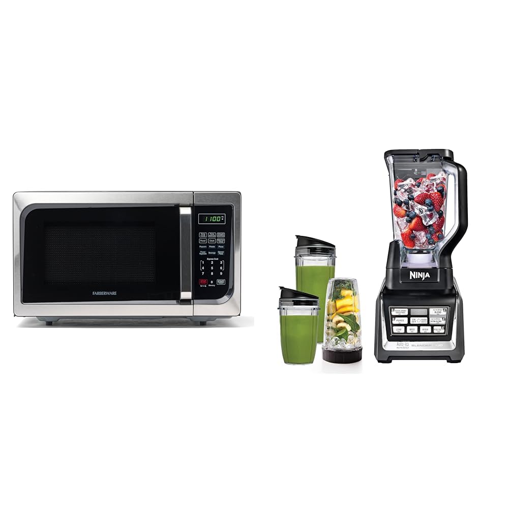 Farberware Countertop Microwave 900 Watts, 0.9 cu ft - Microwave Oven With LED Lighting & Ninja BL642 Nutri Ninja Personal & Countertop Blender with 1200W Auto-iQ Base, 72 oz. Pitcher