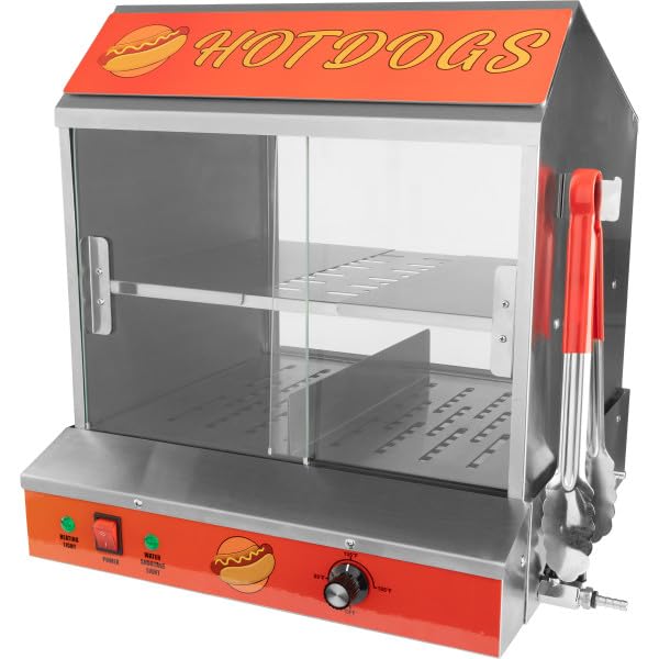 Hot Dog Machine - 34.5L Hot Dog Steamer with Bun Warmer - 1200W Hotdog Maker Holds 175 Hot Dogs and 40 Buns - Hot Dog Cooker by Great Northern Popcorn