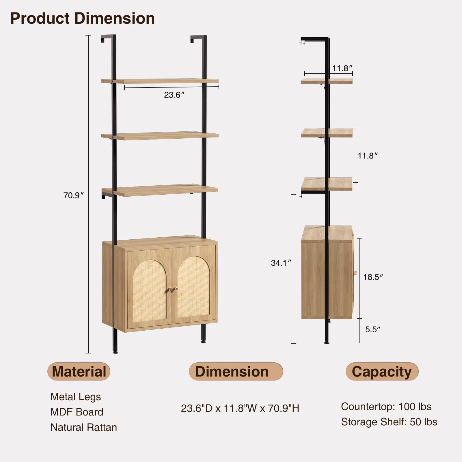 Ladder Bookshelf with Cabinet, 6 Tier Wall Mount Ladder Bookcase with Rattan Cabinet, Tall Open Ladder Shelf with Metal Frame for Living Room, Bathroom, Home Office, Natural