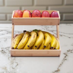 PALM NAKI® Bamboo Fruit Basket 2-Tier - Sturdy & Attractive Space-Saving Fruit Stand Design, Easy Assembly, Enhanced Air Circulation, Fruit Storage (Natural Bamboo)