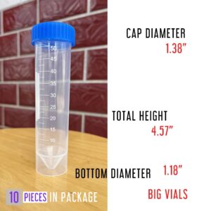 LAMPPE 10 Piece 50ml Plastic Vial Tube with Screw Caps, Graduated Leakproof Aquarium Water Test Tube Replacement Sample Vial Holder Container for Seed Bead Small Screw Tiny Stone