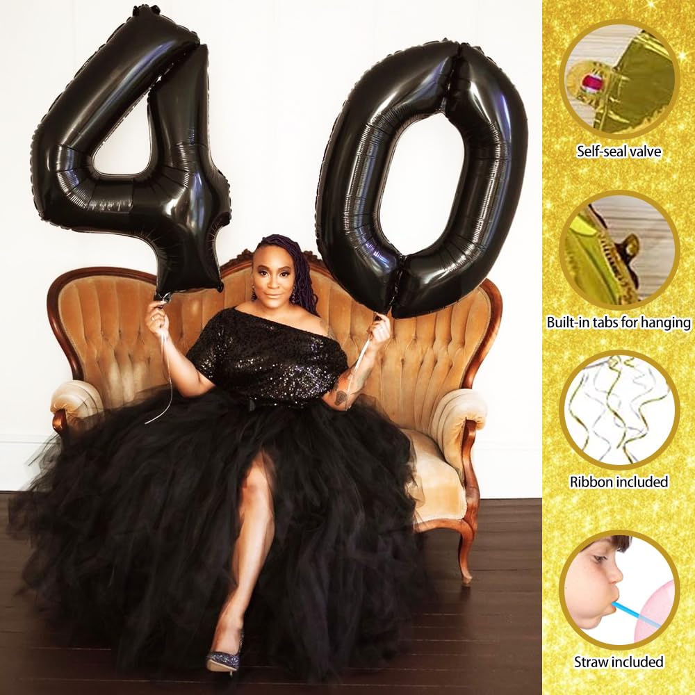 40 Black Number Balloons, Huge 40 Inch 40th Birthday Decoraion with Crown&2pcs Stars Aluminum Balloons for 40th Birthday Balloons for Women Men 40th Birthday Party Supplies 40 Anniversary Events Decor