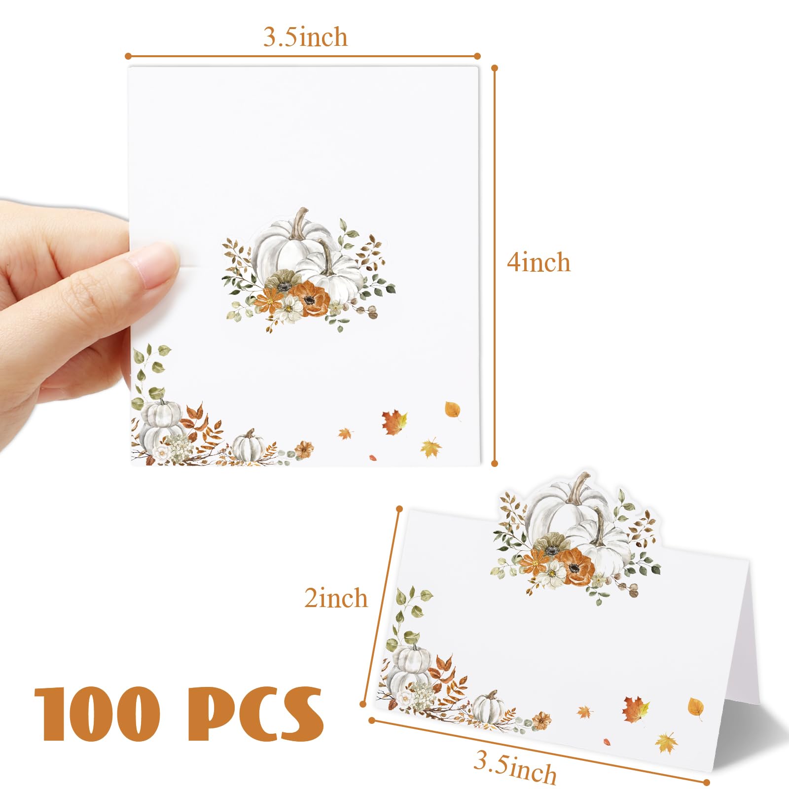 Whaline 100Pcs Fall Place Cards 3.5 x 2 Inch Pumpkin Leaves Tented Cards Autumn Seating Cards for Thanksgiving Party Table Setting Supplies