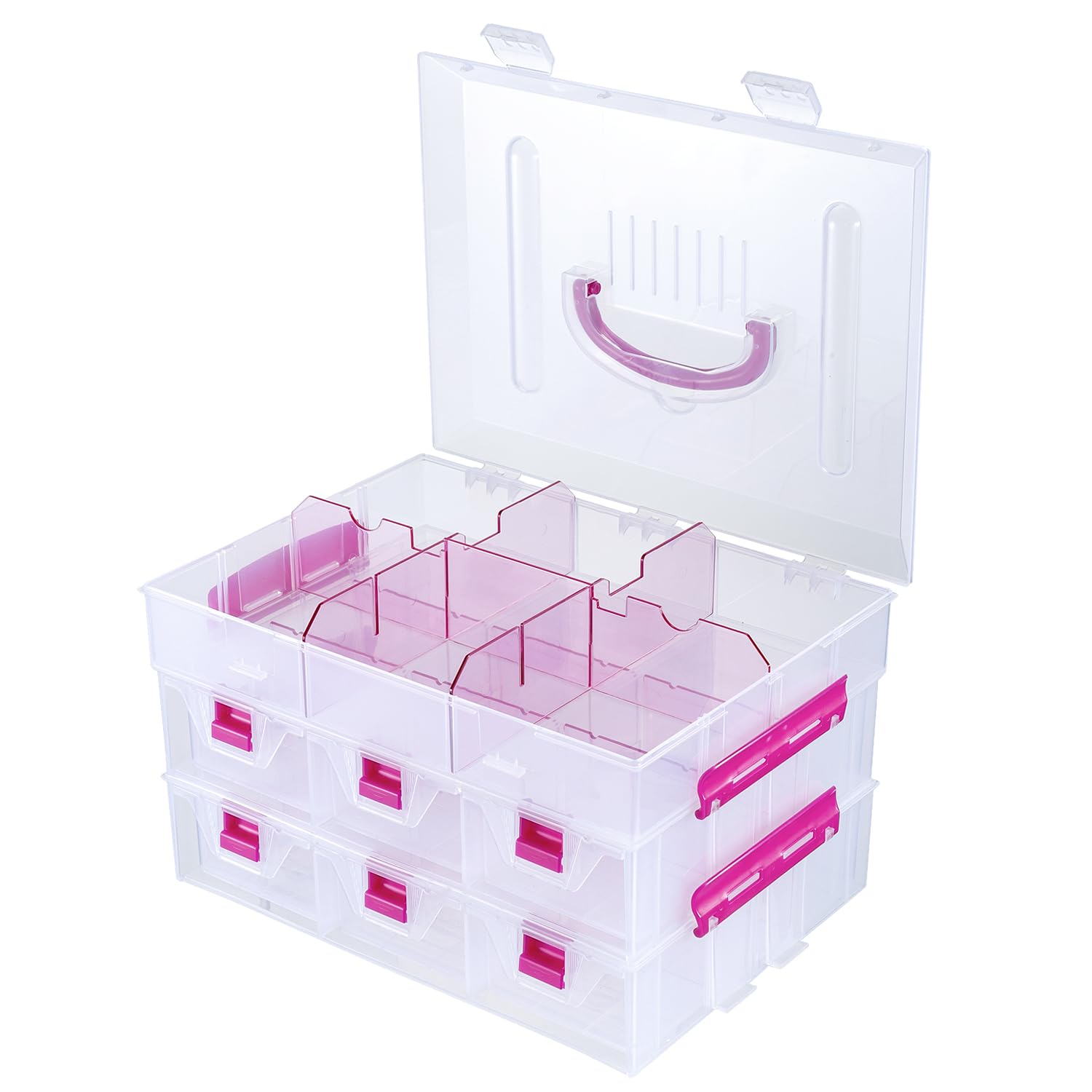 MyGift 11 Inch Clear Arts and Crafts Stackable Container, Sewing Supplies Storage Organizer Case with Pink Accents, 24 Customizable Compartments, and 6 Drawers with Removable Dividers