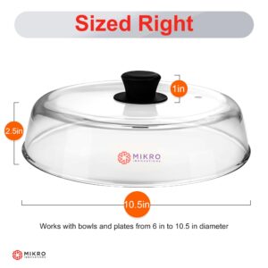 Glass Microwave splatter cover for food plate - Sturdy Borosilicate glass splatter guard with vent hole - 100% Food Safe BPA free Easy Grip Silicone Knob and Dishwasher safe - 10.5in