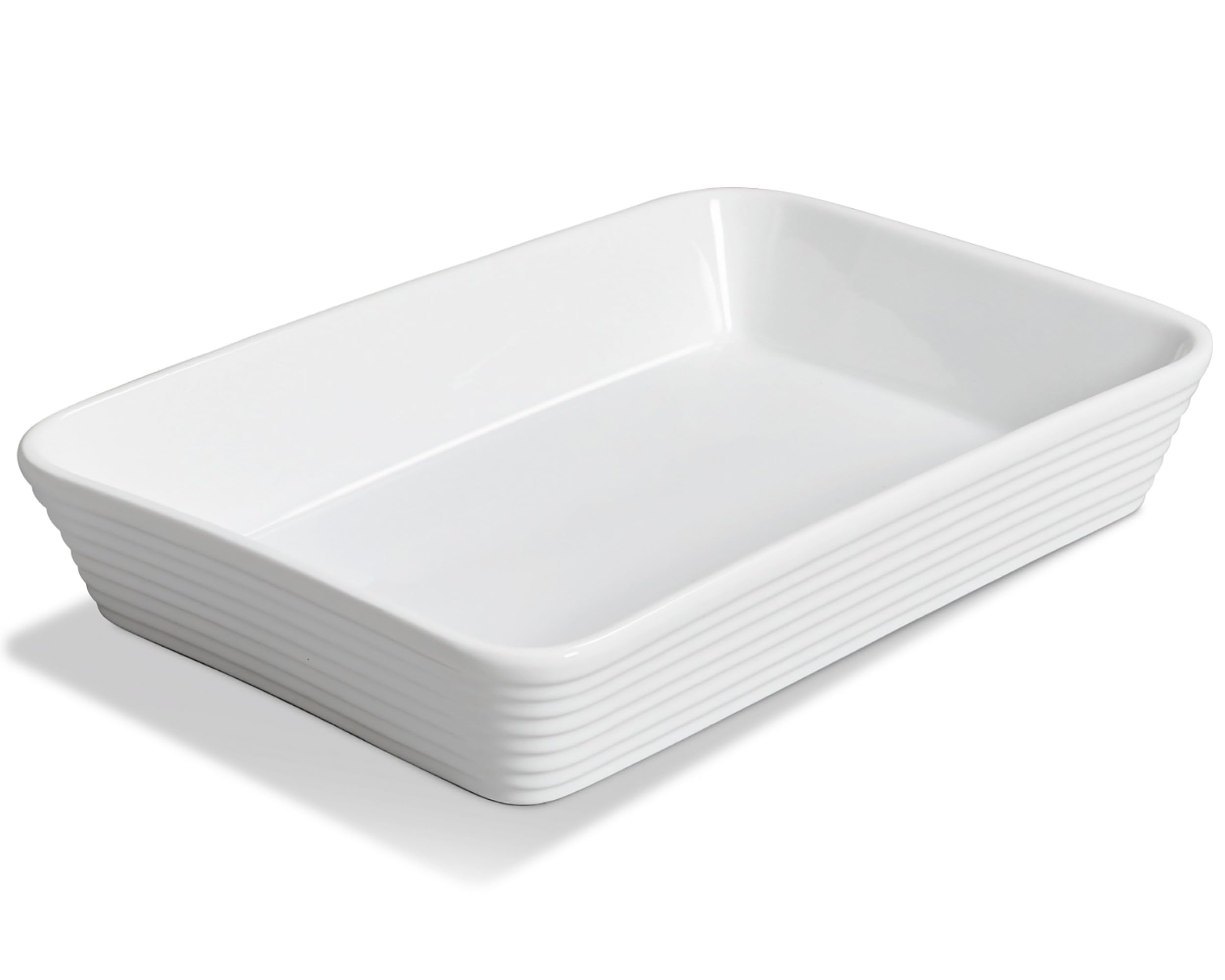 ONEMORE Ceramic Baking Dish, 9x13 Baking Pan Casserole Dish Large Rectangular Baking Dishes for Oven Deep Dish Lasagna Pan for Family Meals Ribbed White Bakeware for Roasting & Serving