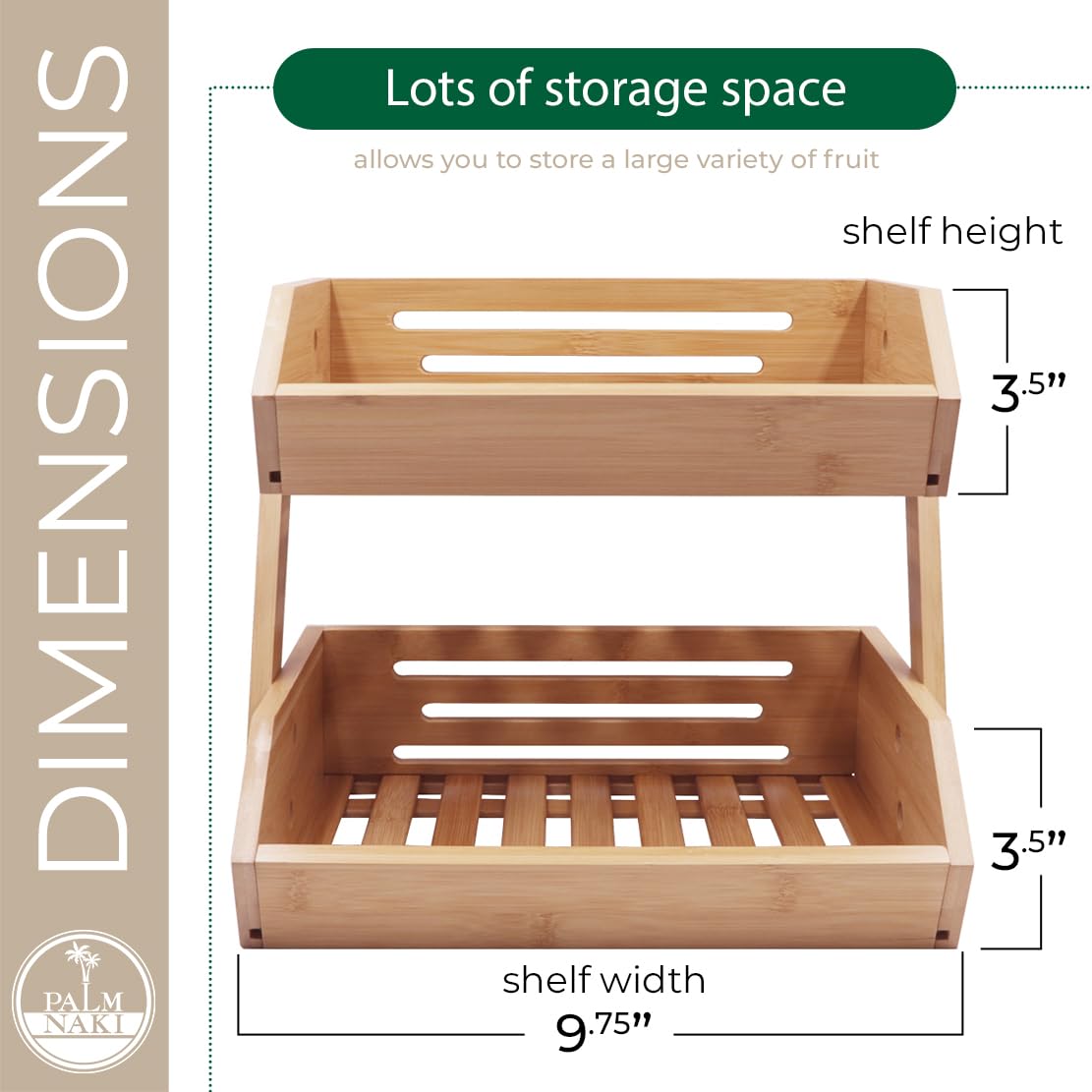 PALM NAKI® Bamboo Fruit Basket 2-Tier - Sturdy & Attractive Space-Saving Fruit Stand Design, Easy Assembly, Enhanced Air Circulation, Fruit Storage (Natural Bamboo)