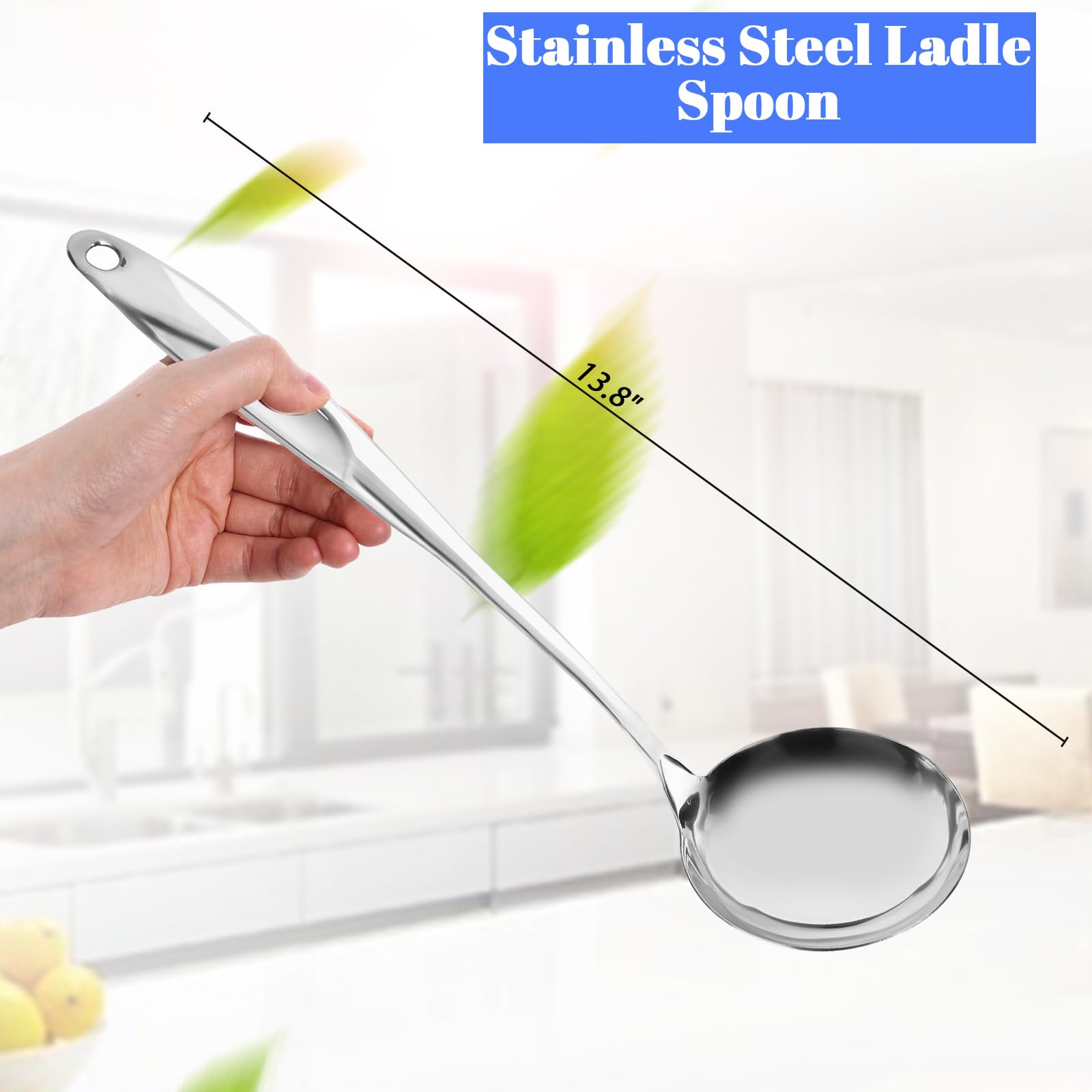 HANSGO Stainless Steel Soup Ladle, Cooking Spoon Large Capacity Spoon with Hole for Hanging for Home Kitchen, 13.8 Inches