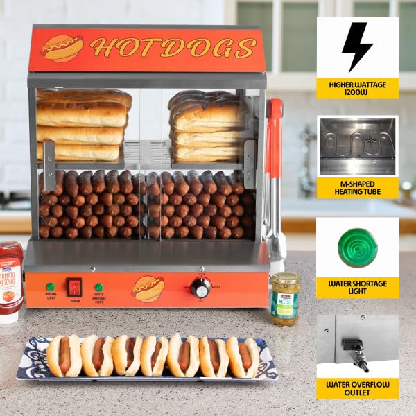 Hot Dog Machine - 34.5L Hot Dog Steamer with Bun Warmer - 1200W Hotdog Maker Holds 175 Hot Dogs and 40 Buns - Hot Dog Cooker by Great Northern Popcorn