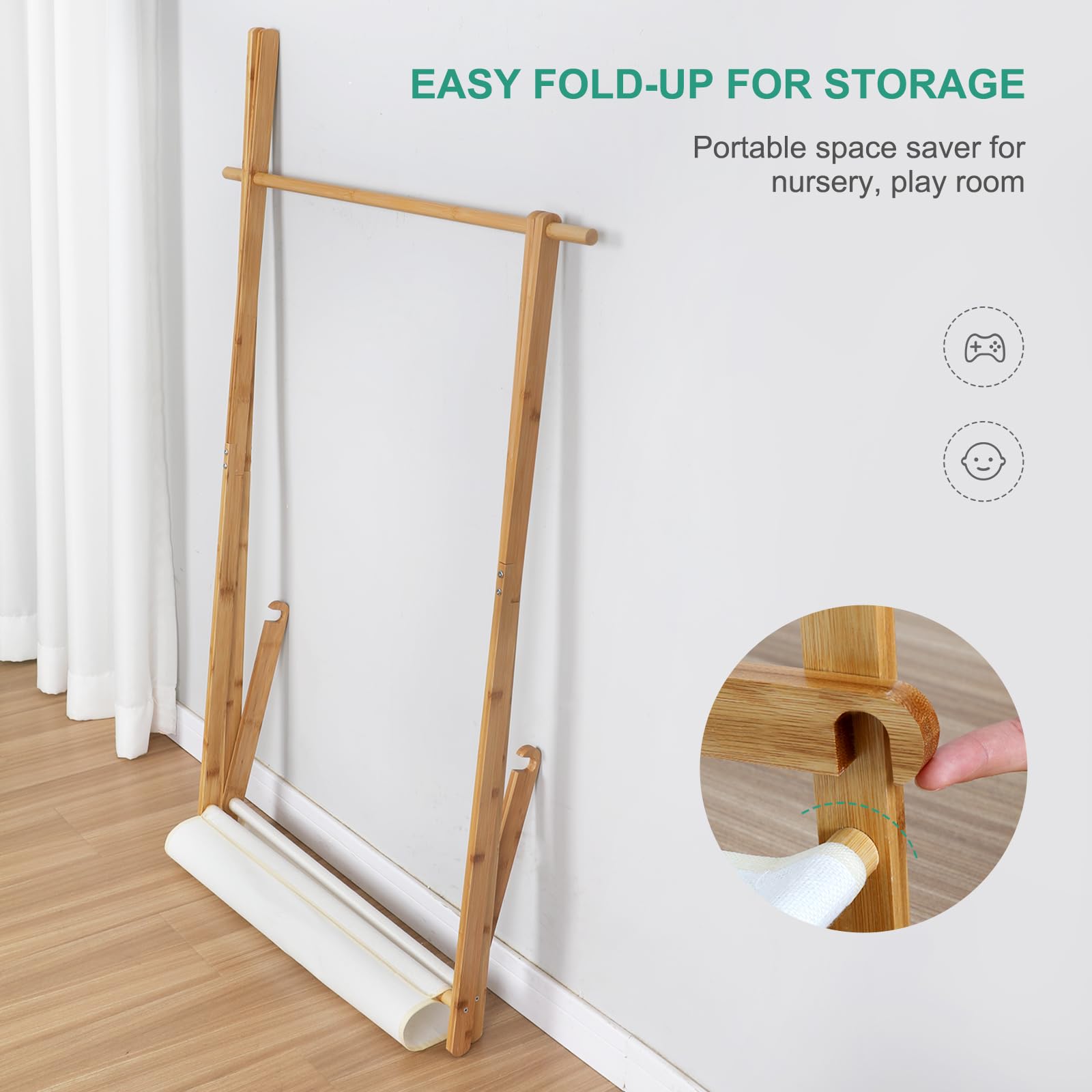 Jotsport Bamboo Kids Dress Up Rack Foldable Kids Clothing Rack with Farbic Storage Small Open Wardorbe Closet for Play Room, Nursery, Baby Shower