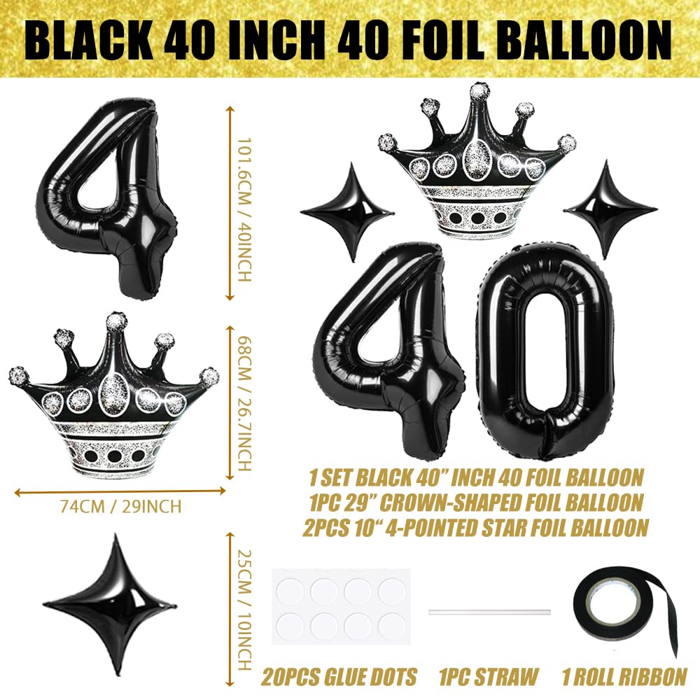 40 Black Number Balloons, Huge 40 Inch 40th Birthday Decoraion with Crown&2pcs Stars Aluminum Balloons for 40th Birthday Balloons for Women Men 40th Birthday Party Supplies 40 Anniversary Events Decor