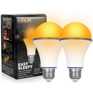 kinur 2 pack led amber light bulbs,7w a19 1800k warm light bulbs for sleep light bulb,blue light blocking light bulbs 60 watt equivalent for healthy sleep and baby nursery light 2 pack