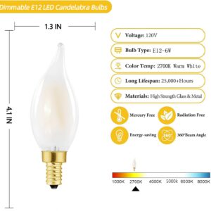 E12 Candelabra LED Bulb 60watt, Frosted LED Chandelier Light Bulbs,Type B 2700k Warm White, Flame Tip,6W Equal 60W,Dimmable for Ceiling Fan,Dining Room,Kitchen Fixture (6 Pack) (6w-2700k(warm White))