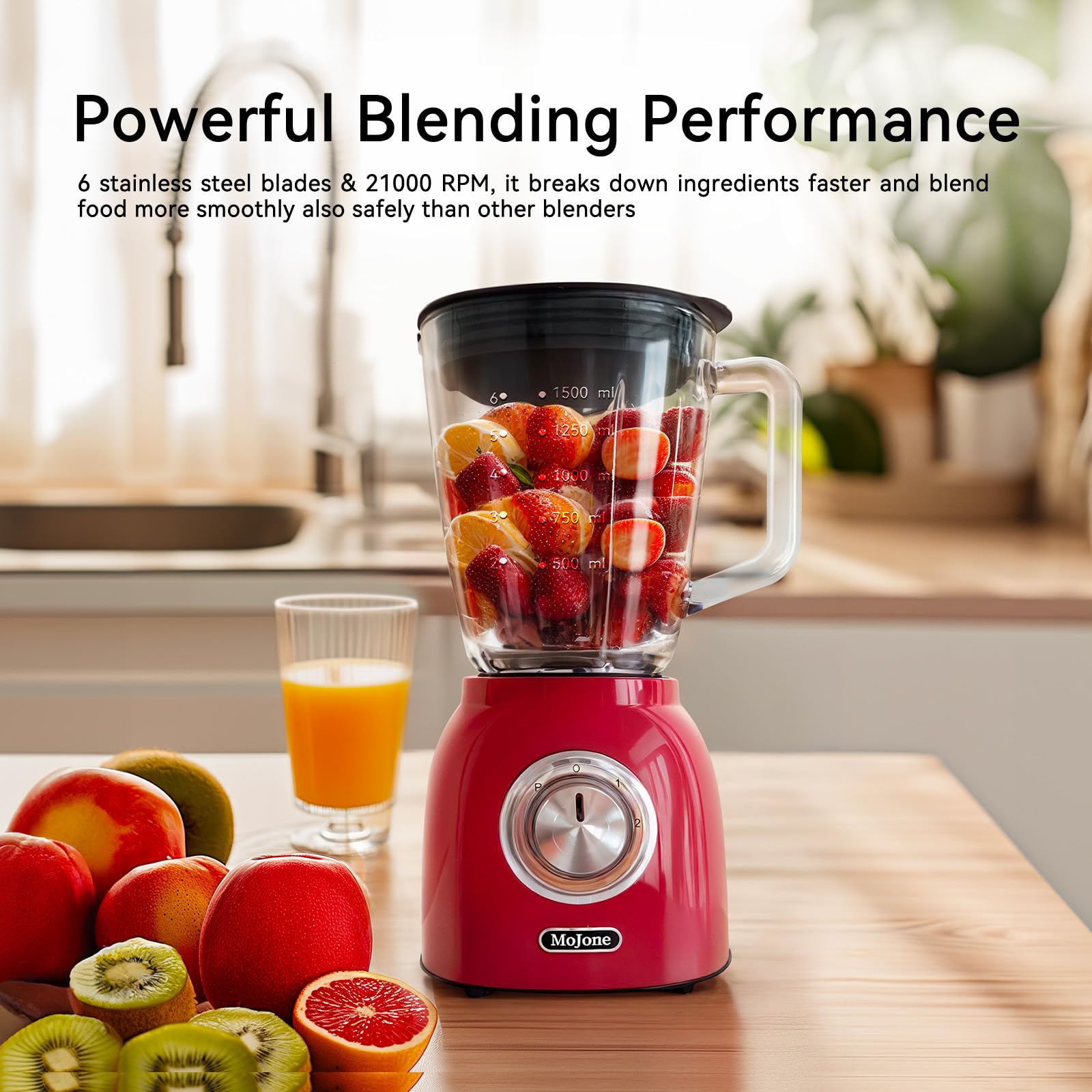 MoJone Powerful Kitchen blender, Ice Crusher Mixer, 1.5LG 50oz Glass Jar, 6 pieces 304 stainless steel blades,21000RPM high speed,ABS Body safely blending with longer lifespan (red)