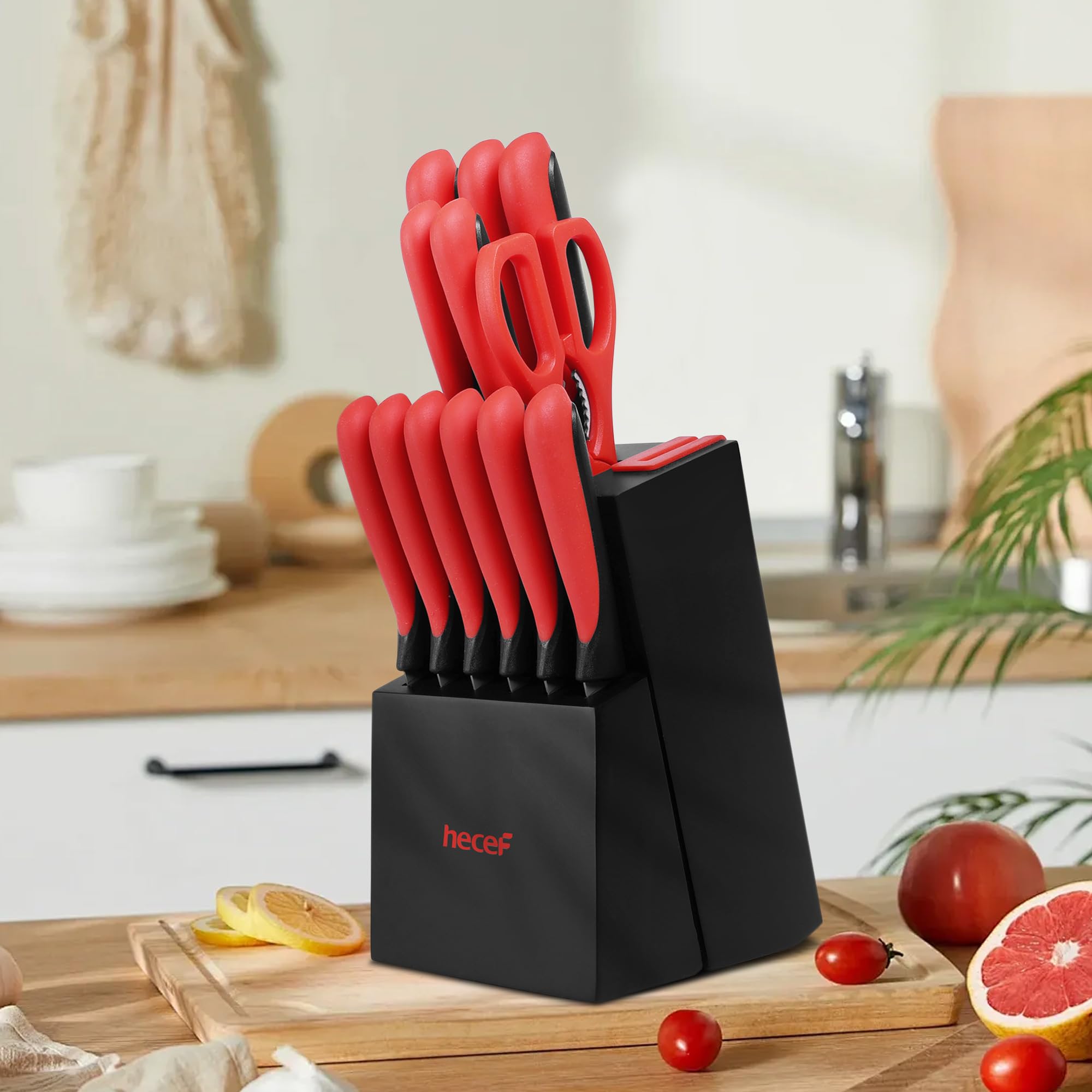 hecef 13 Pieces Kitchen Knife Set with Built-in Sharpening Wooden Block, High Carbon Stainless Steel Knife Block Set with Steak Knives, Kitchen Scissors, Red