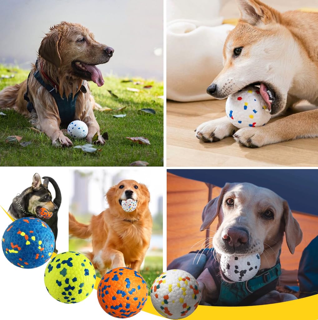 KUNHEHO 4pcs Indestructible Dog Balls for Aggressive Chewers - Atom Teething Chew Toys Water Toy Fetch Balls for Medium and Large Dogs (4 colors,3")