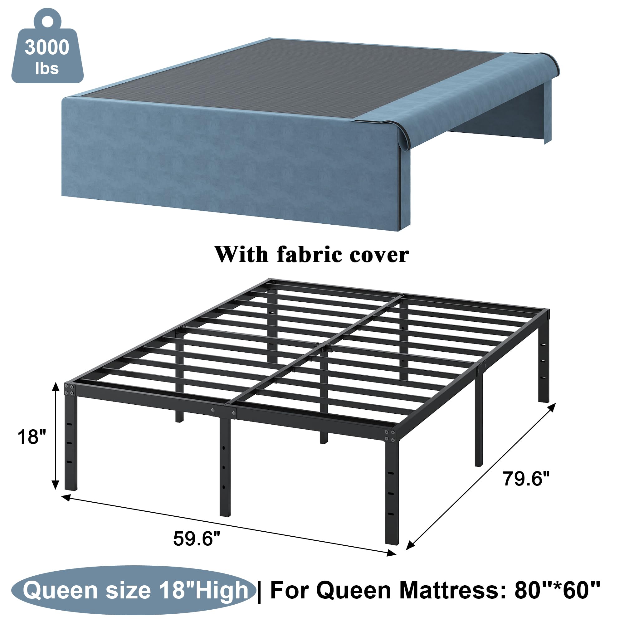 FMDMR 18 Inch Queen Bed Frame, The Metal Platform Bed Frame Queen Size with Fabric Cover Set, Heavy Duty Steel Slats Support, No Box Spring Needed, Under Bed Storage Space, Easy Assembly