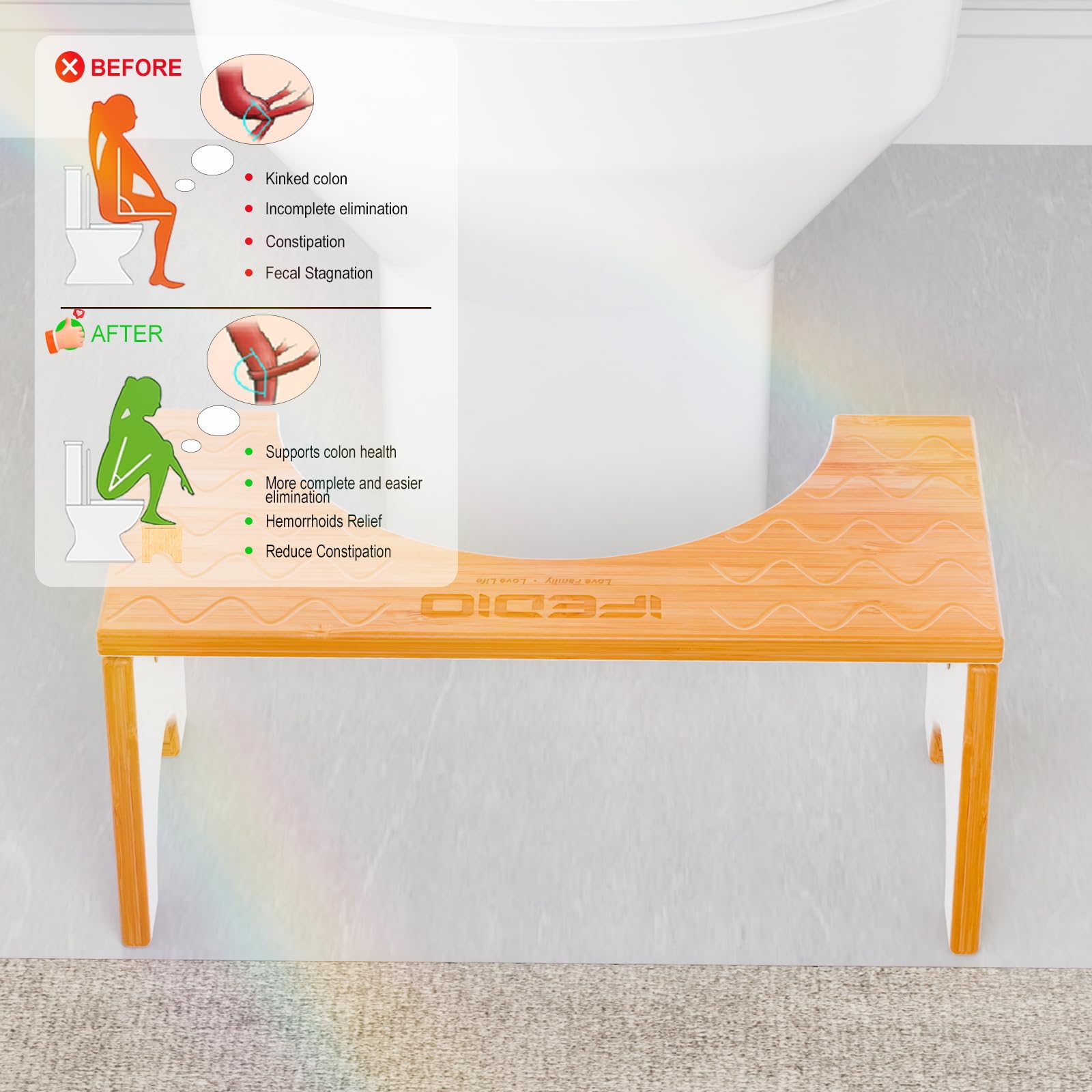 iFedio Toilet Stool, Poop Stool,Bamboo 7 Inch Toilet Potty Stool, Foldable Squat Stool Potty with Anti Slip Layer,Toilet Stool Squat Adult