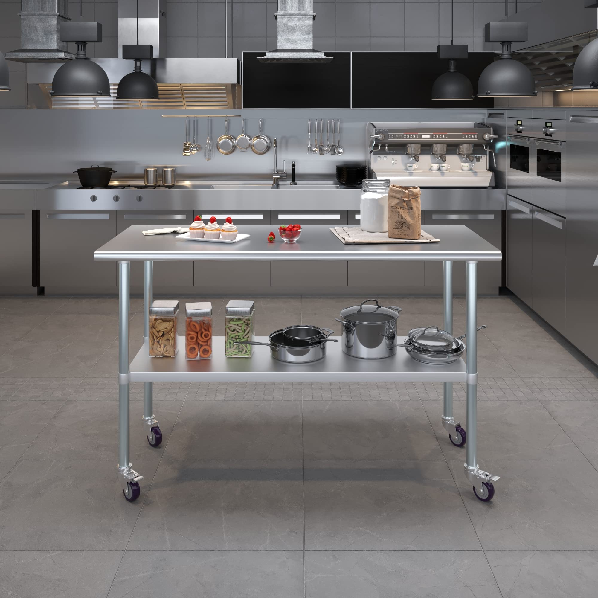 AmGood 24 in. x 60 in. Stainless Steel Work Table with Wheels | Metal Kitchen Food Prep Table | NSF