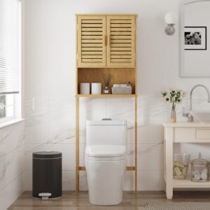 joankaren over the toilet storage cabinet,bamboo bathroom cabinet with adjustable shelf and doors,freestanding above toilet shelf for bathroom,space-saving toilet rack