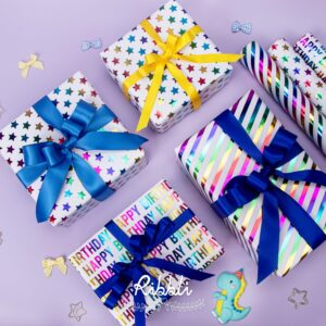 Ribbli Birthday Wrapping Paper 30 Inch Iridescent Gift Wrapping Paper 4 Rolls Happy Birthday Polka Dots Stripes Stars Printed Assortment -120 inch(10feet) Per Roll