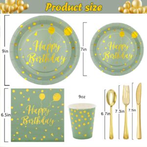 175 Pcs Sage Green Birthday Decorations - Sage Green Birthday Plates and Napkins Party Supplies Serve 25 Guests - Sage Green and Gold Birthday Paper Plates for Girls Women Happy Birthday Party Decor