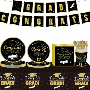 2024 Graduation Party Supplies,Graduation Party Decorations,Black & Gold Disposable Paper Plates Napkins Cups Tablecloth Banner for Congrats Grad (Serves 24)