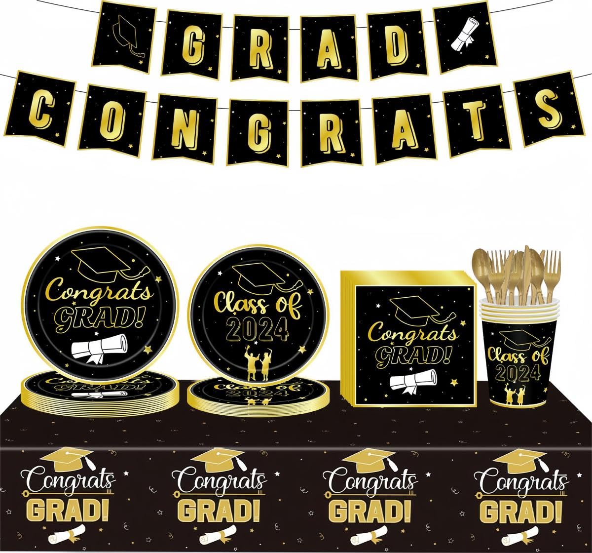 2024 Graduation Party Supplies,Graduation Party Decorations,Black & Gold Disposable Paper Plates Napkins Cups Tablecloth Banner for Congrats Grad (Serves 24)