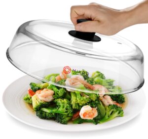 glass microwave splatter cover for food plate - sturdy borosilicate glass splatter guard with vent hole - 100% food safe bpa free easy grip silicone knob and dishwasher safe - 10.5in