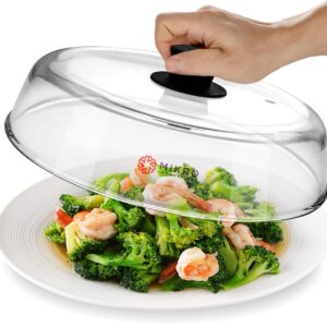 Glass Microwave splatter cover for food plate - Sturdy Borosilicate glass splatter guard with vent hole - 100% Food Safe BPA free Easy Grip Silicone Knob and Dishwasher safe - 10.5in