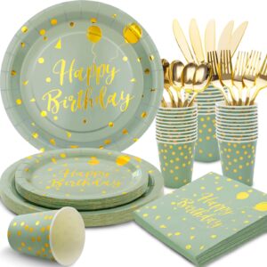 175 pcs sage green birthday decorations - sage green birthday plates and napkins party supplies serve 25 guests - sage green and gold birthday paper plates for girls women happy birthday party decor