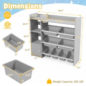 Costzon Kids Toy Storage Organizer, 4-Tier Kids Bookshelf with 8 Toy Organizer Bins, Montessori Shelf with Large Cabinet, Toddler Book Shelf, Children Bookcase for Playroom, Nursery, Daycare (Grey)