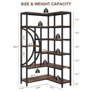 Knowfunn Industrial Corner Bookshelf with 6 Tier, L-Shaped Modern Bookcase, Large Corner Storage Rack, Wooden Corner Display Shelf for Home, Office, Living Room, Bedroom - Rustic Brown