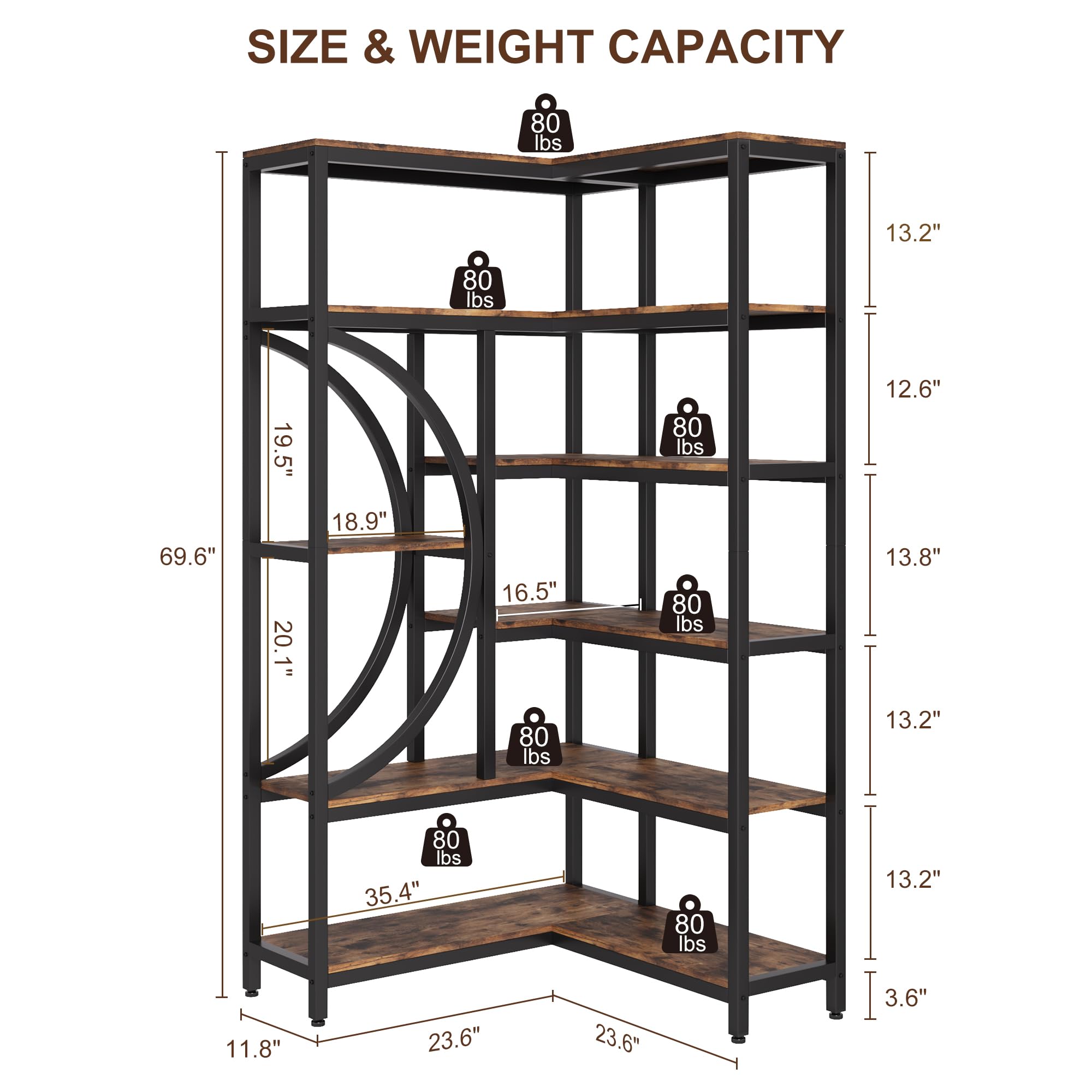 Knowfunn Industrial Corner Bookshelf with 6 Tier, L-Shaped Modern Bookcase, Large Corner Storage Rack, Wooden Corner Display Shelf for Home, Office, Living Room, Bedroom - Rustic Brown