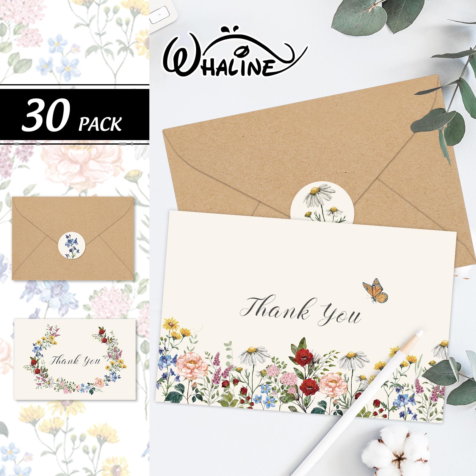 Whaline 30 Pack Wildflower Thank You Cards Vintage Floral Greeting Cards with Envelopes Stickers Retro Flower Blank Note Cards for Wedding Bridal Baby Shower Birthday Party Supplies, 4 x 6 Inch