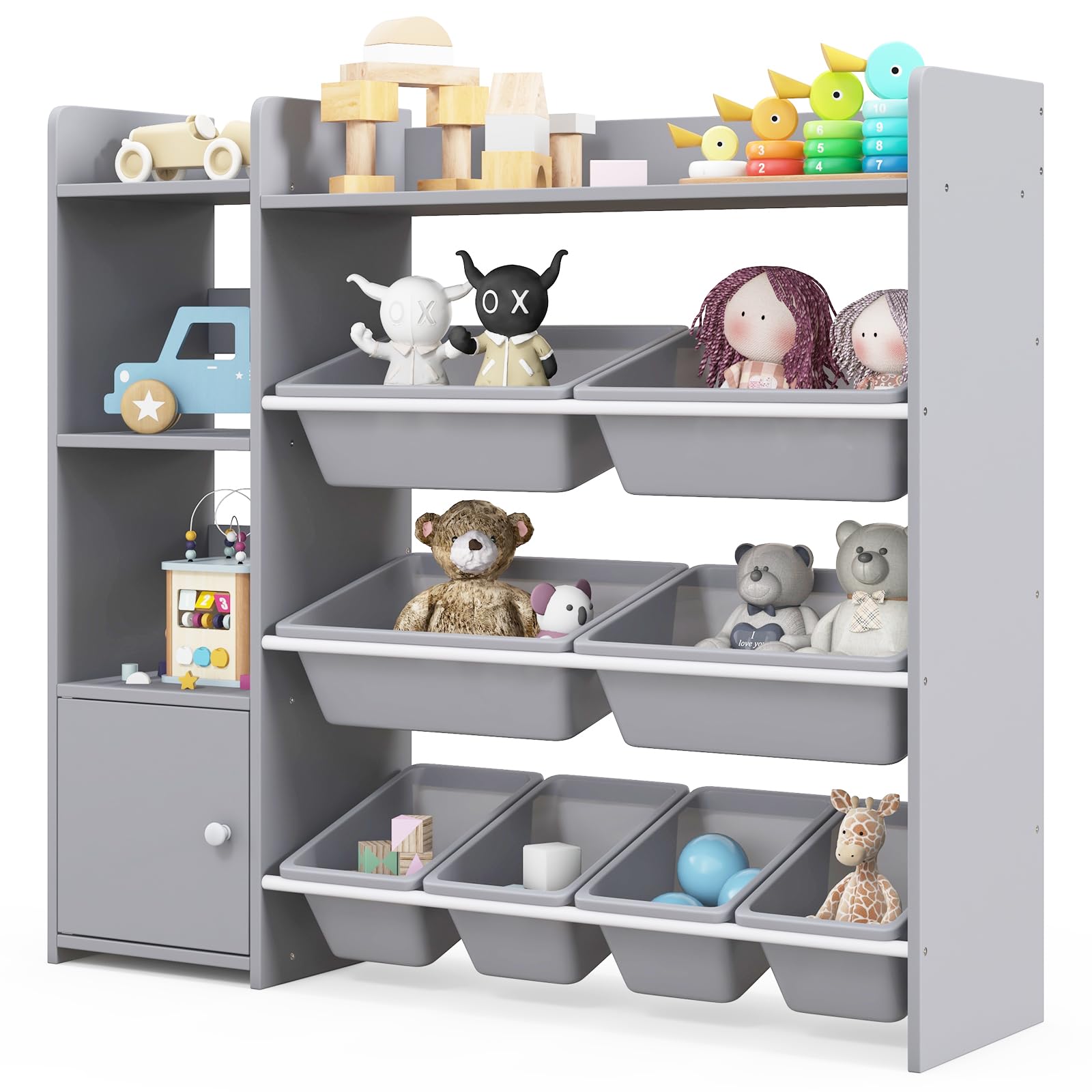 Costzon Kids Toy Storage Organizer, 4-Tier Kids Bookshelf with 8 Toy Organizer Bins, Montessori Shelf with Large Cabinet, Toddler Book Shelf, Children Bookcase for Playroom, Nursery, Daycare (Grey)