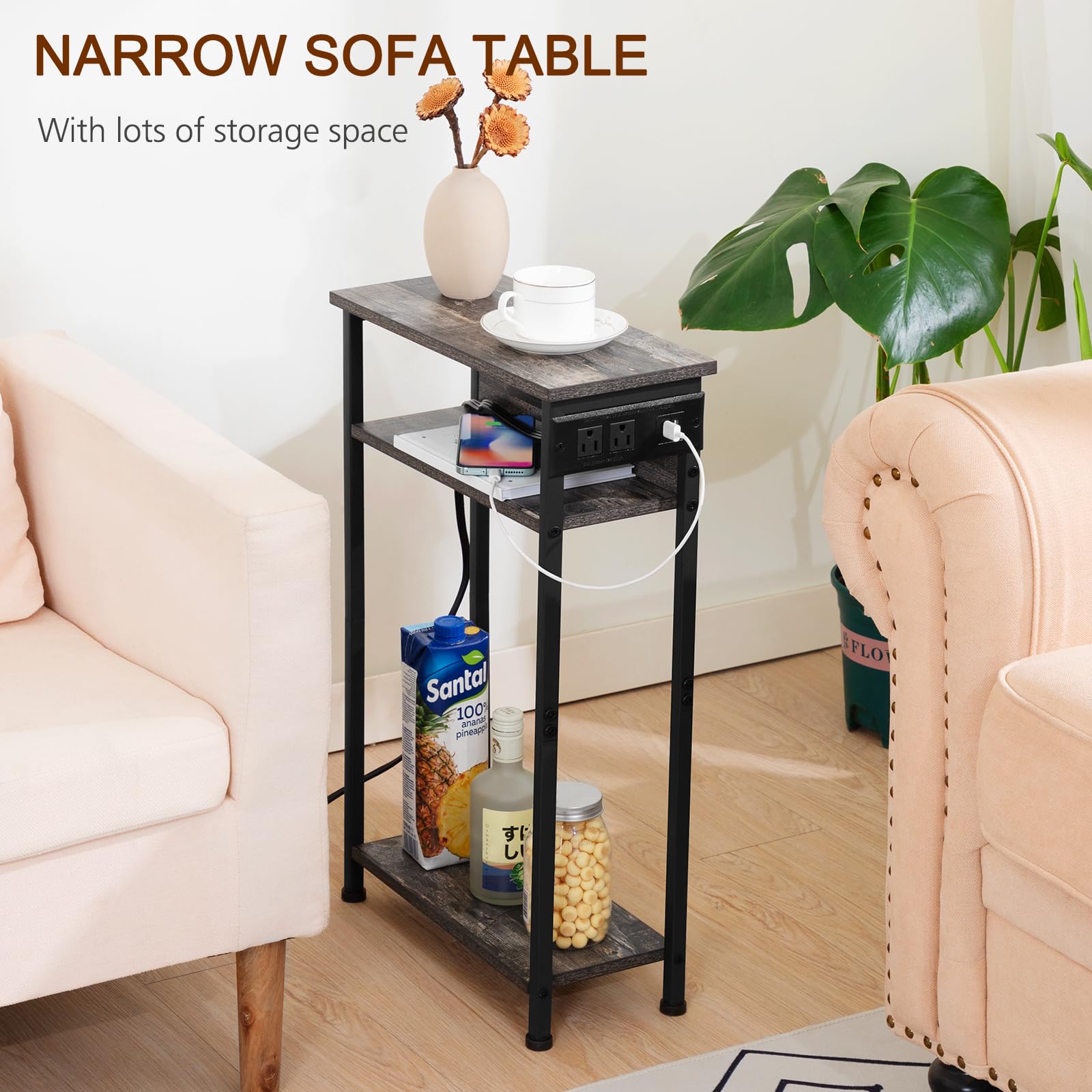 AMHANCIBLE Narrow Side Table Set of 2 with Charging Station, Small End Tables for Small Spaces, 3-Tier Skinny Side Table, Narrow End Table with USB Ports, Narrow Nightstand Set 2, HETN03KG