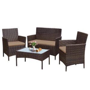 prohiker 4 piece outdoor wicker patio conversation furniture set, rattan chair wicker sofa garden conversation sets with cushion and glass table for yard pool or backyard, brown/khaki