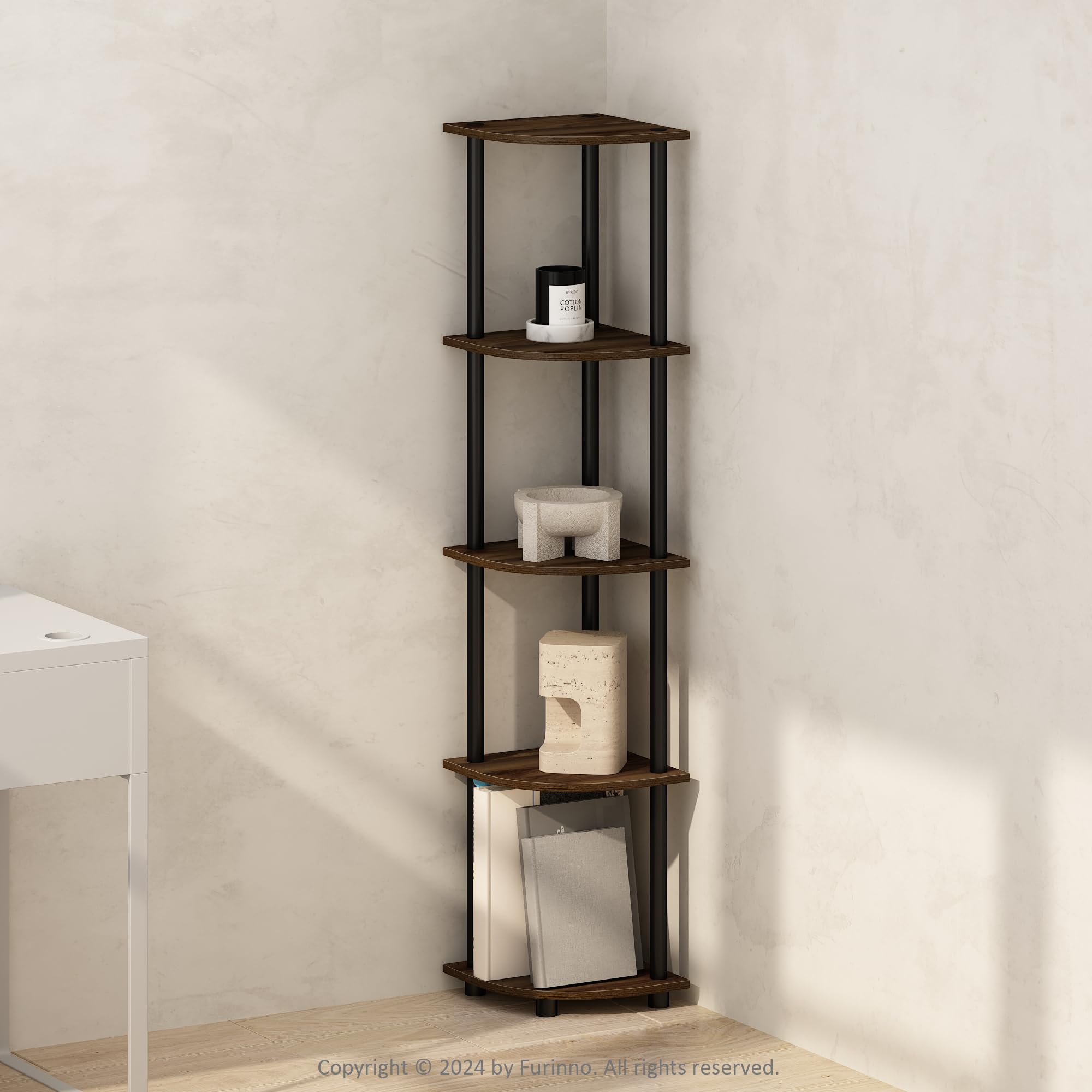 Furinno Turn-N-Tube 5 Tier Freestanding Corner Display Rack Shelving Unit, Columbia Walnut/Black