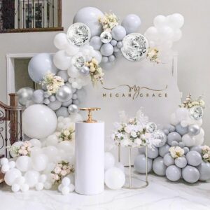 Silver White and Grey Balloon Arch Kit - 110Pcs Metallic Silver Latex Balloons Garland with Silver Confetti Balloons - Ideal for Wedding Bridal Shower Engagement Birthday Party Decorations Supplies