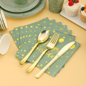 175 Pcs Sage Green Birthday Decorations - Sage Green Birthday Plates and Napkins Party Supplies Serve 25 Guests - Sage Green and Gold Birthday Paper Plates for Girls Women Happy Birthday Party Decor