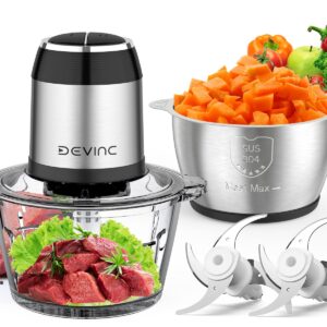 Food Processors, Mini Meat Grinder & Veggie Chopper with 2 Bowls (8 Cup+8 Cup), Electric Food Chopper with 2 Sets of Bi-Level Blades for Meat, Vegetables, Fruits and Nuts